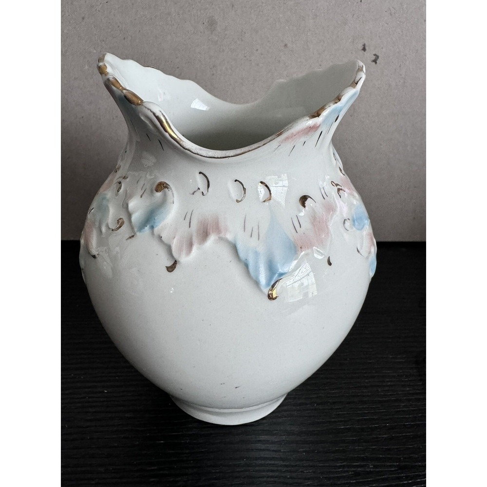 Antique Porcelain Hand Painted Pink, Blue and Gold Small Vase